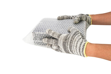 hand of man hold bubble wrap, for protection parcel product cracked or insurance During transit