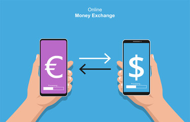 Hands holding smartphone doing transactions concept. Online money exchange vector illustration