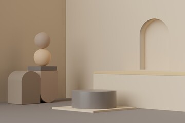 3d rendering of minimal scene of white blank podium with earth tones color theme. Display stand for product presentation mock up and cosmetic advertising.