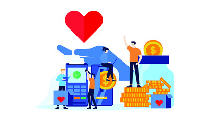 Obraz na płótnie Canvas online donation charity with smart phone smart app mini atm or edc with big heart and big hands flat illustration design