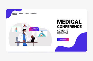 team of mix race doctors discussing during video call virtual medical conference covid-19 pandemic self isolation medicine healthcare concept horizontal portrait vector illustration