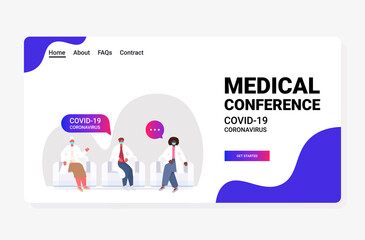team of mix race doctors discussing during meeting medical conference covid-19 pandemic medicine healthcare concept horizontal full length vector illustration