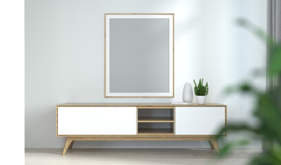 The cabinet with picture frame in front of the wall in the living room,3d rendering,wall mockup,modern home design,minimal living room.