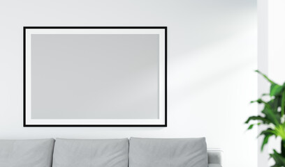 Mockup picture frame hanging on the wall in the living room,3d rendering,wall mockup, modern home design, mockup element for graphic design.