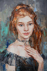 Art painting. Portrait of a girl with red hair is made in a classic style. Background is blue.
