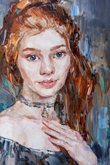 Young beautiful girl. Created in the expressive manner. Palette knife technique of oil painting and brush.