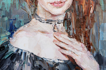 Fragment of portrait young beautiful girl. Created in the expressive manner. Palette knife technique of oil painting and brush.