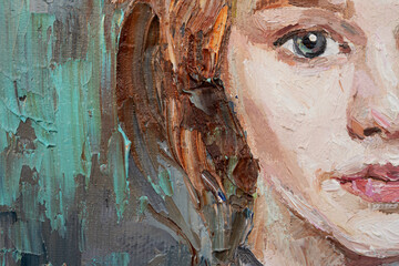 Fragment of portrait young beautiful girl. Created in the expressive manner. Palette knife technique of oil painting and brush. - obrazy, fototapety, plakaty