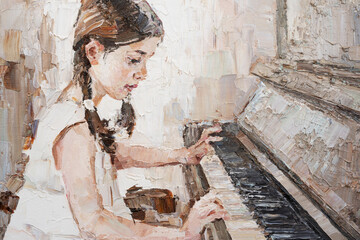 Beautiful girl plays the piano. Created in detail and color, oil painting on canvas.
