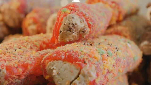 Rahat lokum dolly shooting. Close-up. Copy space. 4k video