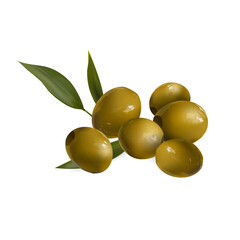 Green olives with leaves on a white background.