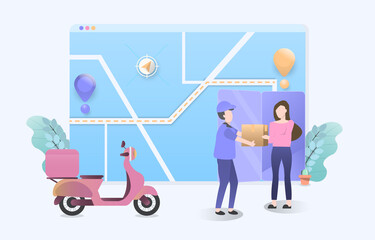 Woman receives a box from courier with navigation on homepage