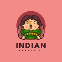 Vector Logo Illustration Indian Girl Cartoon Cute Style.