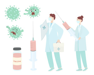 Set on the topic of vaccination against coronavirus infection. Female doctor with syringe. Male doctor with shield protects against coronavirus. Ampoule with vaccine. Vector flat illustration.