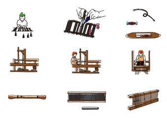 奄美大島紬の工程イラスト　刷り込み染色から機織りまで