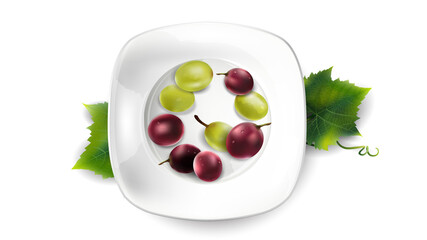 Green and red grapes on a white plate.