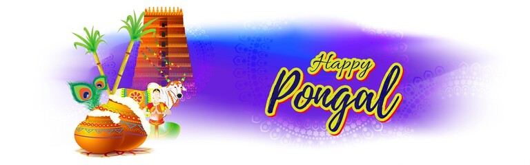 Vector illustration of Happy Pongal, Tamil harvest festival of South India, pot, sugarcane, rangoli on beautiful abstract background, Indian festival greeting.