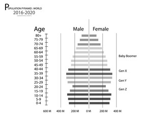 Population and Demography, Population Pyramids Chart or Age Structure Graph with Baby Boomers Generation, Gen X, Gen Y and Gen Z in 2016 to 2020.
