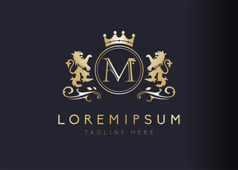Heraldic lion initial letter M logo design. Vector illustration of luxury royal M letter with floral, crown and lion emblem design. Sign symbol icon template