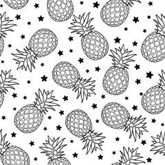 pineapple and stars outline, sketch drawing vector illustration, black over white	
