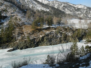 Altai. Katun river. Winter nature.