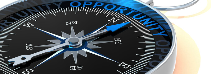 Compass needle pointing to word opportunity