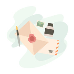 Hand drawn flat illustration of paper envelopes, marks, ink bottle and pen on abstract background. Old mail delivery. Letters and Correspondence. Vector illustration for bannes, labels and your design