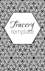 Vertical card with doodle floral pattern with decorations and place for text. Banner with black-white kaleidoscope. Vector natural blank. Template with boho petals. Invitation and thank you letter