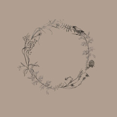 Illustration, pencil. Frame from leaves and branches of plants, birds. Freehand drawing of flowers on brown background.