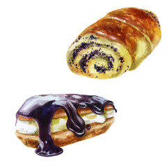 Watercolor illustration, bun set. Rich pastries. Poppy seed bun. Eclair.