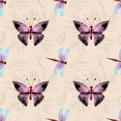 Pink butterfly and dragonfly seamless spring pattern. Textured effect, insect collection. Design for textile, fabric, wrapping paper, backgrounds, packaging. 