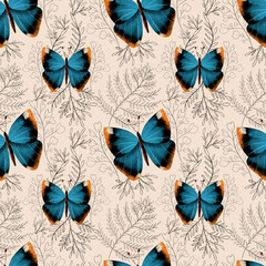 Blue butterfly and ink greenery seamless spring pattern. Textured effect, insect collection. Design for textile, fabric, wrapping paper, backgrounds, packaging. 