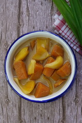 Kolak Ubi Nangka, Indonesian dessert of Sweet Potato and Jack fruit Compote. Made from Sweet potato cooked with coconut milk, palm sugar and pandanus leaves. Very popular during Ramadhan