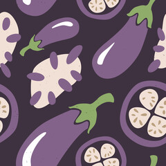 Naklejka premium Cute eggplant seamless pattern. Eggplant whole and sliced, leaves and seeds on dark background. Flat vector shabby hand drawn illustration 