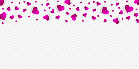 Love border with falling pink hearts, vector frame