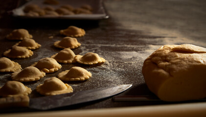 Homemade pasta, ravioli while preparing