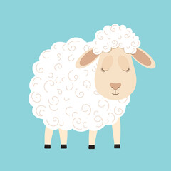 Cute fluffy sheep cartoon character. Design element for greeting card or invitation