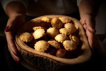 Woman's hands take ravioli pasta and chestnut in a wooden bowl