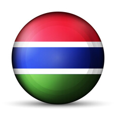 Glass light ball with flag of Gambia. Round sphere, template icon. Gambian national symbol. Glossy realistic ball, 3D abstract vector illustration highlighted on a white background. Big bubble.