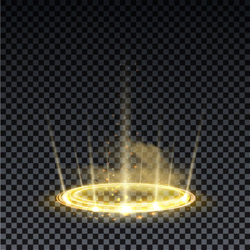 Gold hologram portal. Magic fantasy portal. Magic circle teleport podium with hologram effect. Vector gold glow rays with sparks on transparent background.