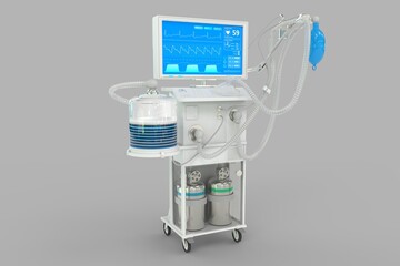 ICU artificial lung ventilator with fictive design isolated on grey background - fight coronavirus concept, medical 3D illustration