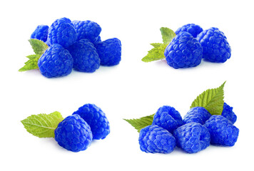 Set of fresh blue raspberries on white background