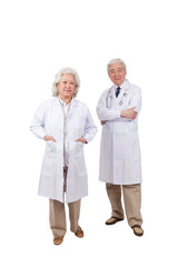 Standing portraits of two elderly senior doctors 