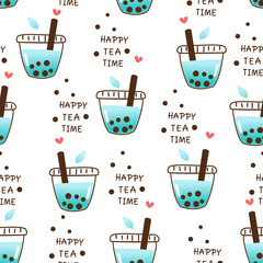 Seamless pattern with hand drawn bubble milk tea cup on white background vector illustration. Cute cartoon style.