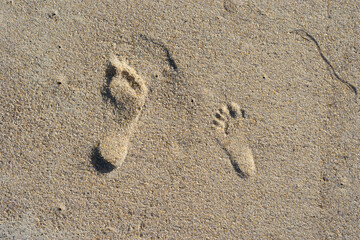 Fototapeta na wymiar Natural background of sand with the prints of human feet