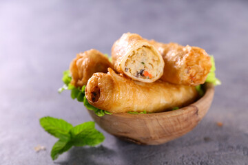 fried spring roll and mint