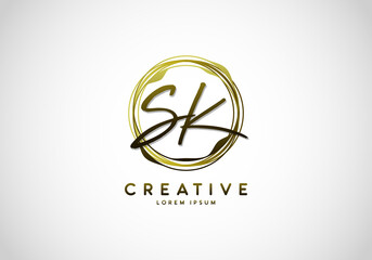 Initial SK Letter Handwriting Stylish Signature Gold Logo