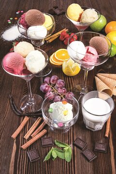 Appetizing Still Life With Soft Assorted Ice Cream. Close-up. Restaurant Serving Concept.