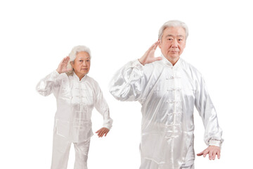 Two old people are playing Tai Chi 