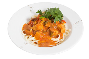Appetizing goulash on a large plate. Restaurant serving concept. Close-up.